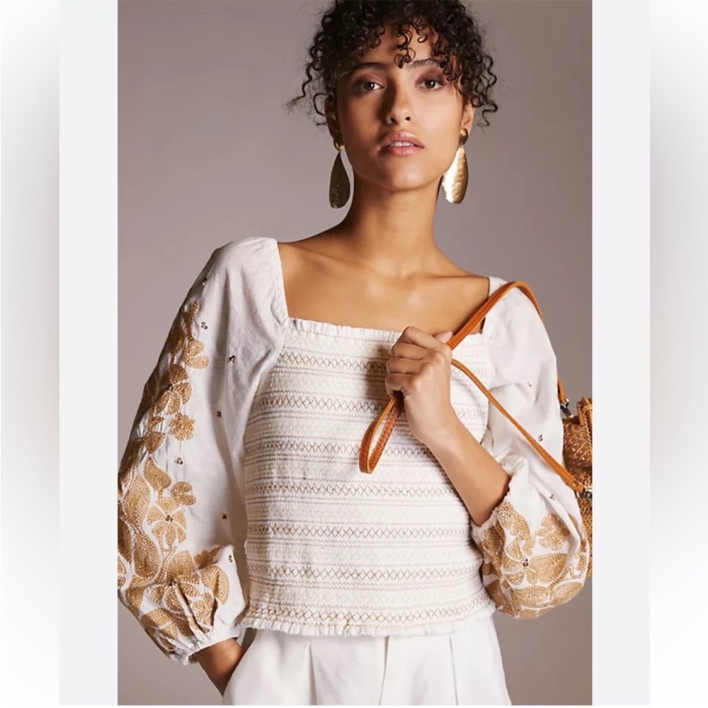 Anthropologie White and Gold Floral Blouse
